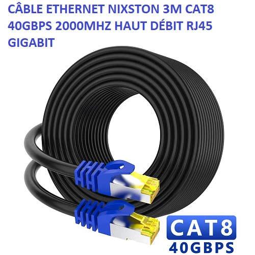 Nixston Câble Ethernet 3M CAT8 40GBPS 2000MHZ Haut Débit RJ45 Gigabit